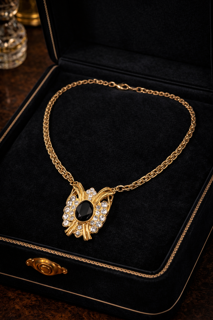 Gold Tone Statement Necklace with Black Oval Stone & Rhinestone Pendant