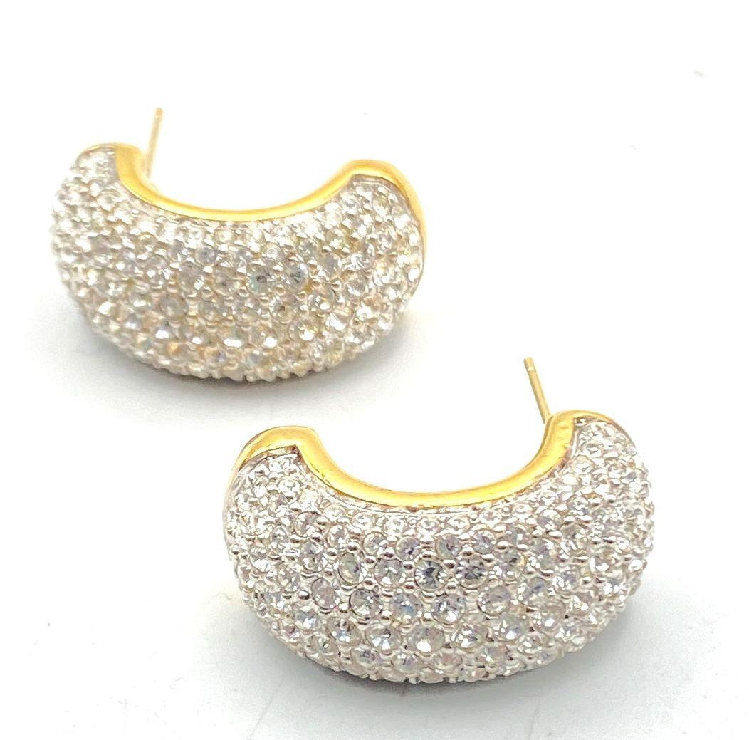 Gold-tone crescent half-hoop earrings with full crystal pavé fronts, view 2