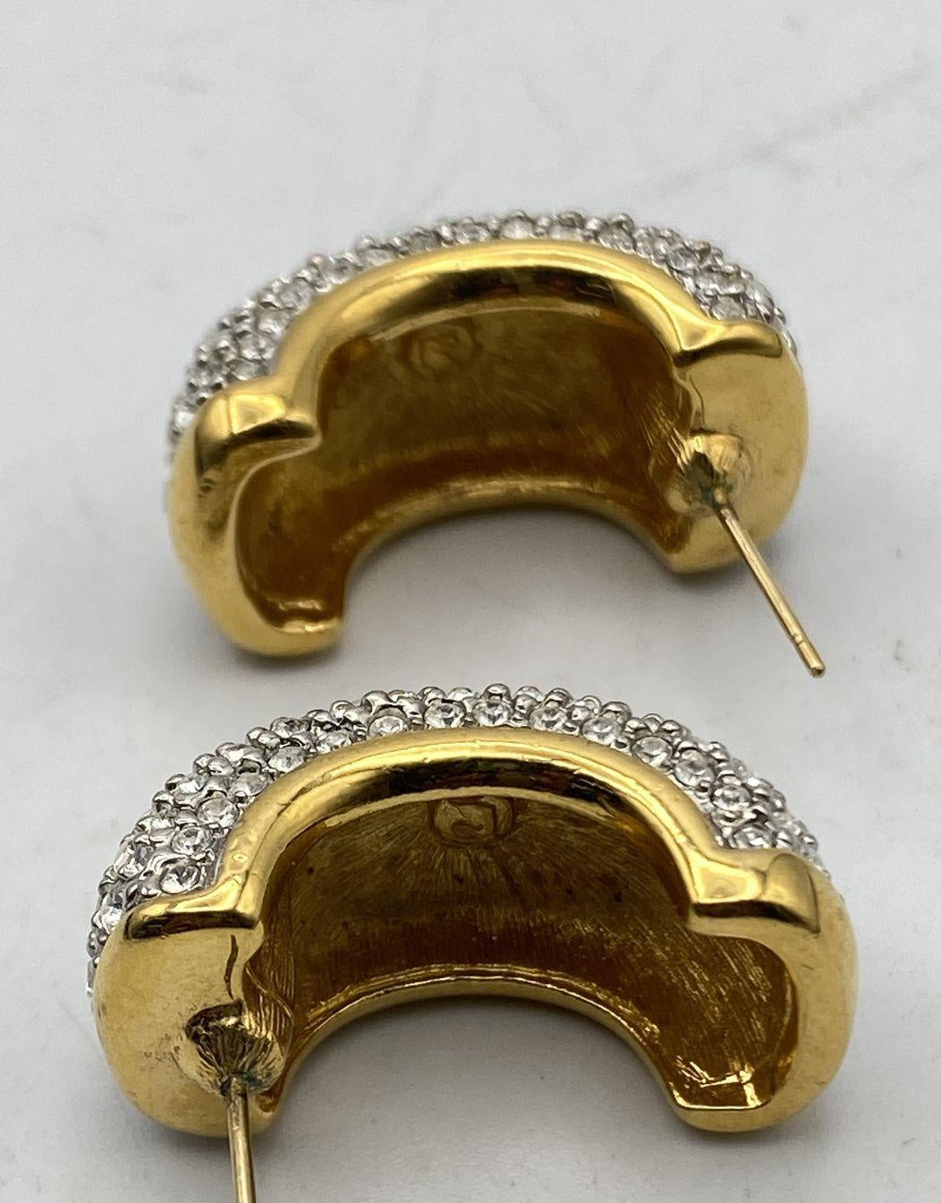 Gold-tone crescent half-hoop earrings with full crystal pavé fronts, view 4