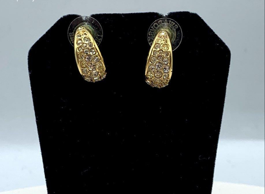 Signed Swarovski gold-tone J-hoop earrings with pavé crystal fronts, view 3
