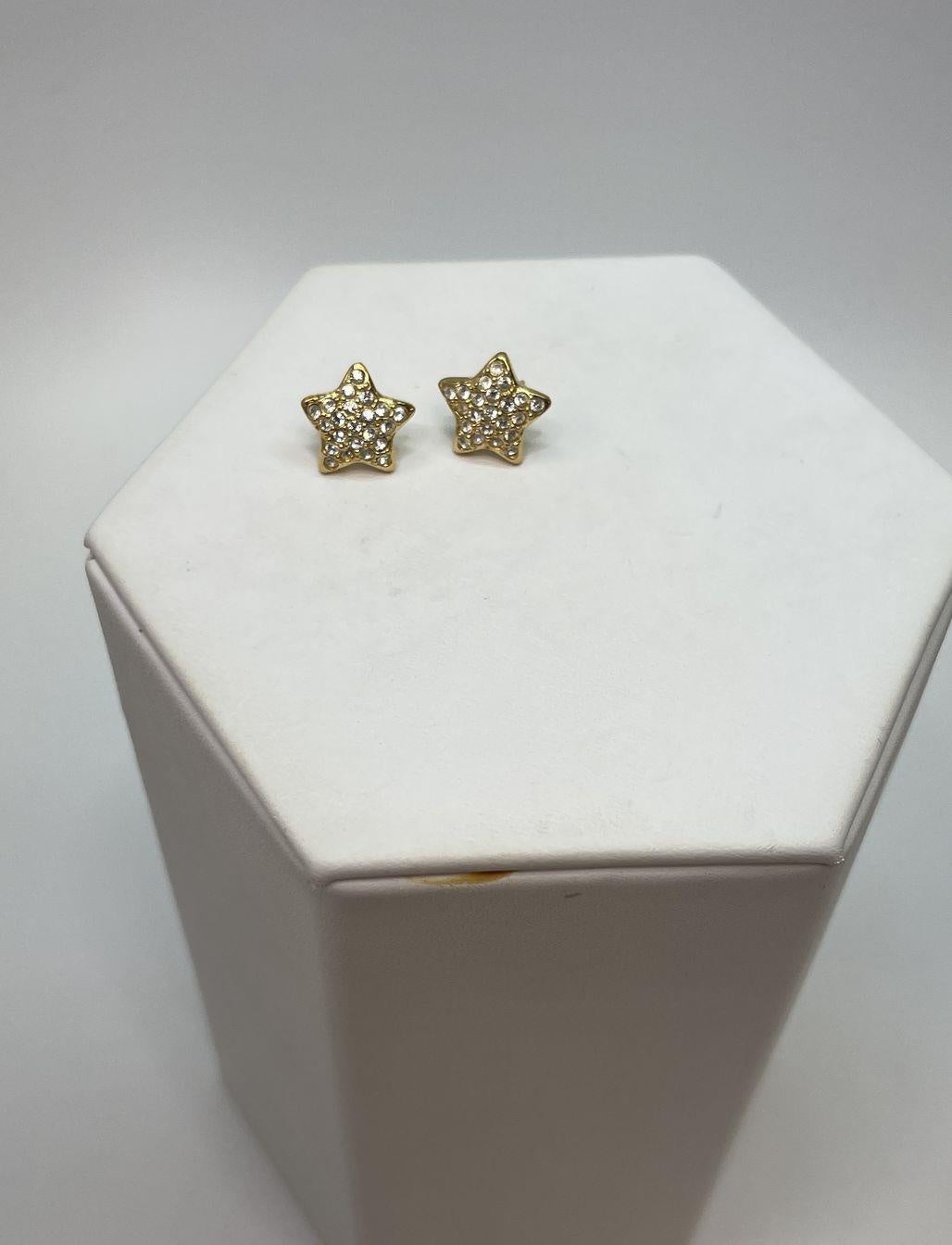 Signed Swarovski gold-tone star stud earrings with clear pavé crystals, view 2