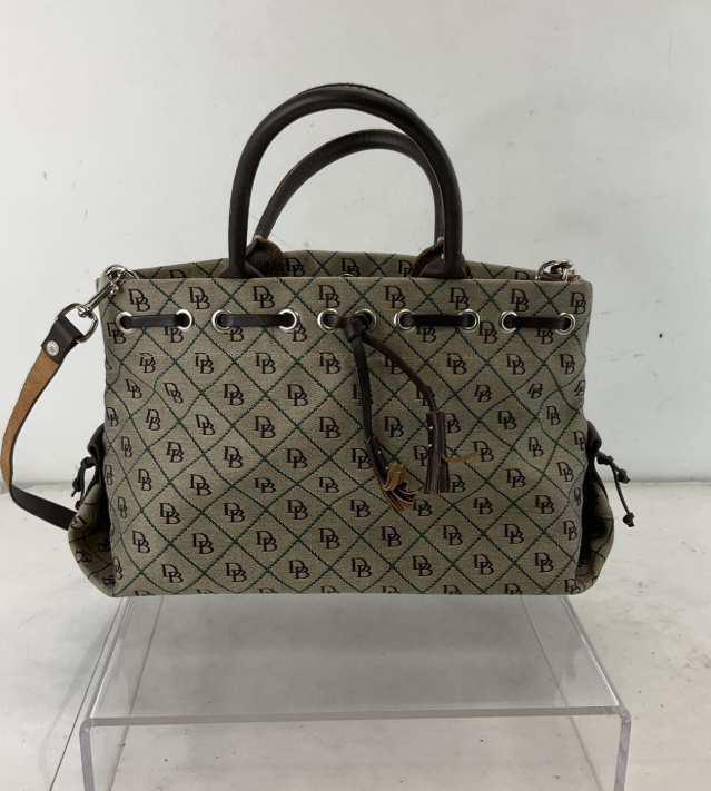 Dooney & Bourke DB Monogram Canvas Drawstring Satchel Bag w/ Strap Brown Leather Trim