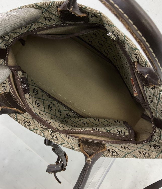 Dooney & Bourke DB Monogram Canvas Drawstring Satchel Bag w/ Strap Brown Leather Trim