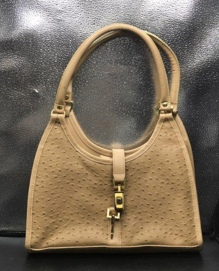 (SOLD) Tan Ostrich Embossed Leather Shoulder Bag Structured Top Handle Gold Tone Clasp Classic Purse