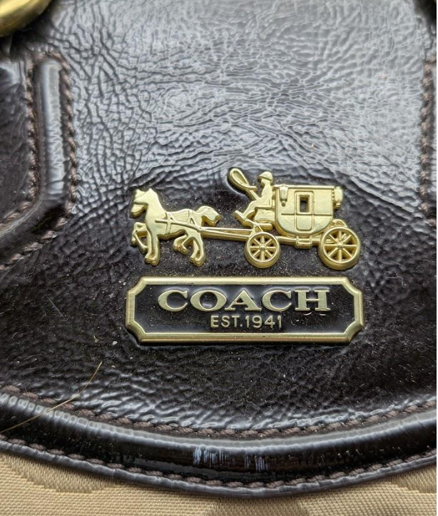 Coach Madison Audrey Satchel Op Art Sateen Monogram Beige Brown Leather Trim Handbag