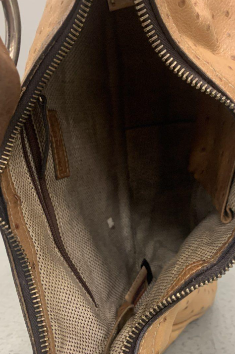 Dooney and Bourke tan ostrich-embossed leather hobo bag with duck charm, view 4
