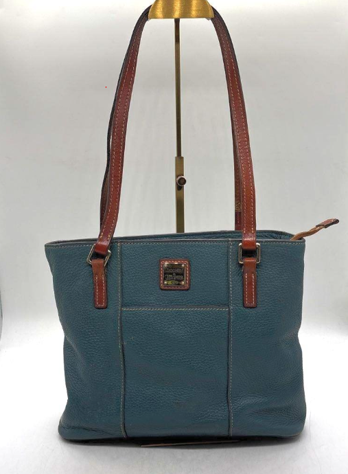 Dooney & Bourke Teal Pebbled Leather Tote with Brown Trim