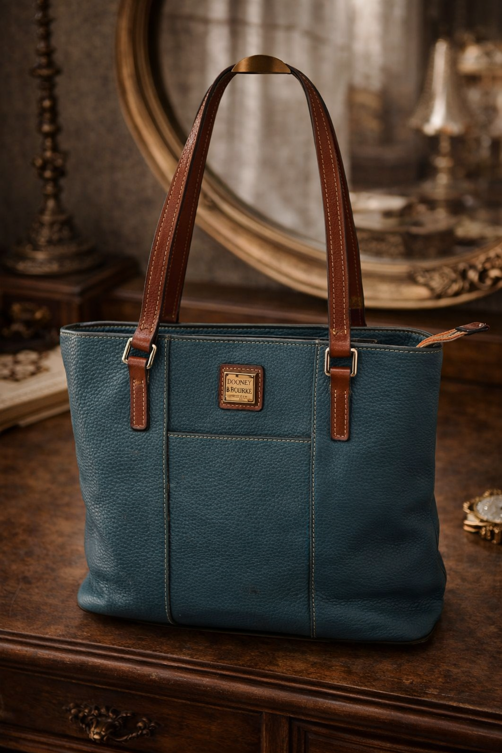 Dooney & Bourke Pebbled Leather Shopper Tote Teal Peacock Blue Shoulder Bag