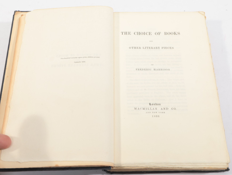 The Choice of Books by Frederic Harrison, 1886 dark cloth hardcover with gilt spine, view 6