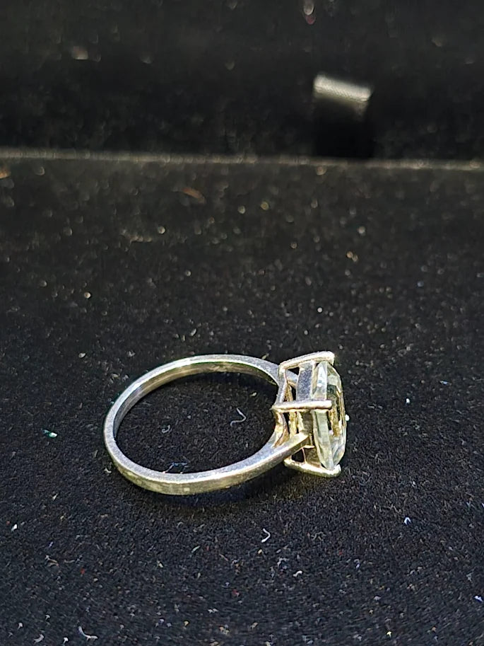 Silver-tone solitaire ring with emerald-cut green center stone, view 7