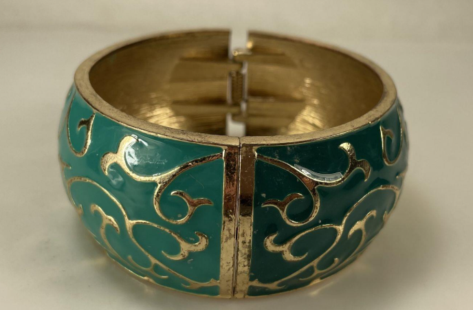 Gold-tone hinged cuff bracelet with turquoise-color enamel and scrollwork, view 3