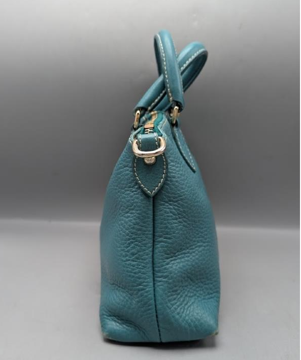 Dooney and Bourke Small Dillen satchel in teal pebbled leather with dust bag, view 3