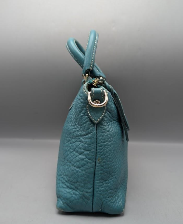 Dooney and Bourke Small Dillen satchel in teal pebbled leather with dust bag, view 6