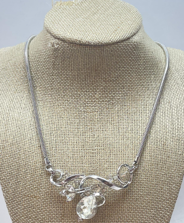 Vintage Crown Trifari Crystal Rhinestone Statement Necklace | Silver Tone Floral Drop Pendant