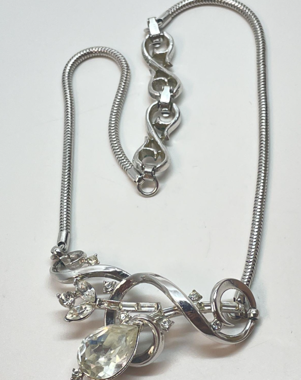 Vintage Crown Trifari Crystal Rhinestone Statement Necklace | Silver Tone Floral Drop Pendant