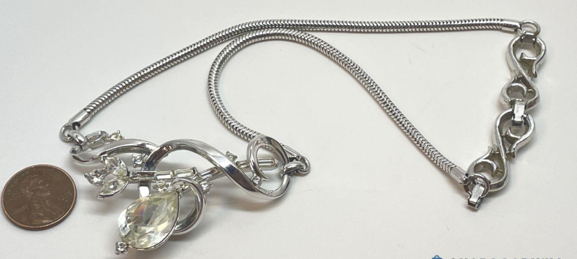 Vintage Crown Trifari Crystal Rhinestone Statement Necklace | Silver Tone Floral Drop Pendant