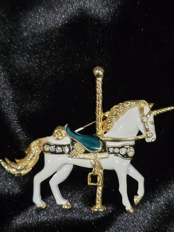 Carousel unicorn brooch in white enamel and gold tone with crystal accents, view 3