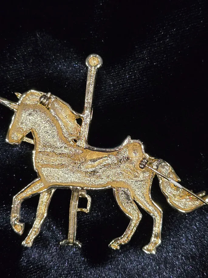 Carousel unicorn brooch in white enamel and gold tone with crystal accents, view 2