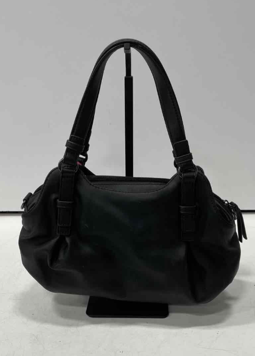 Black hobo shoulder bag with large pink flower print, view 3