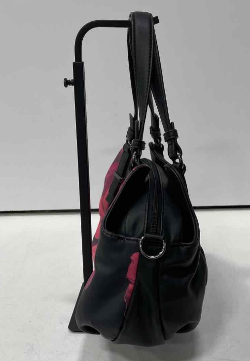Black hobo shoulder bag with large pink flower print, view 6