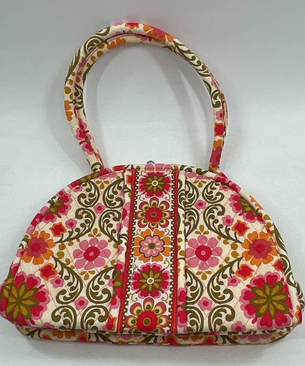 Pink floral quilted fabric top handle handbag with zip top, view 2