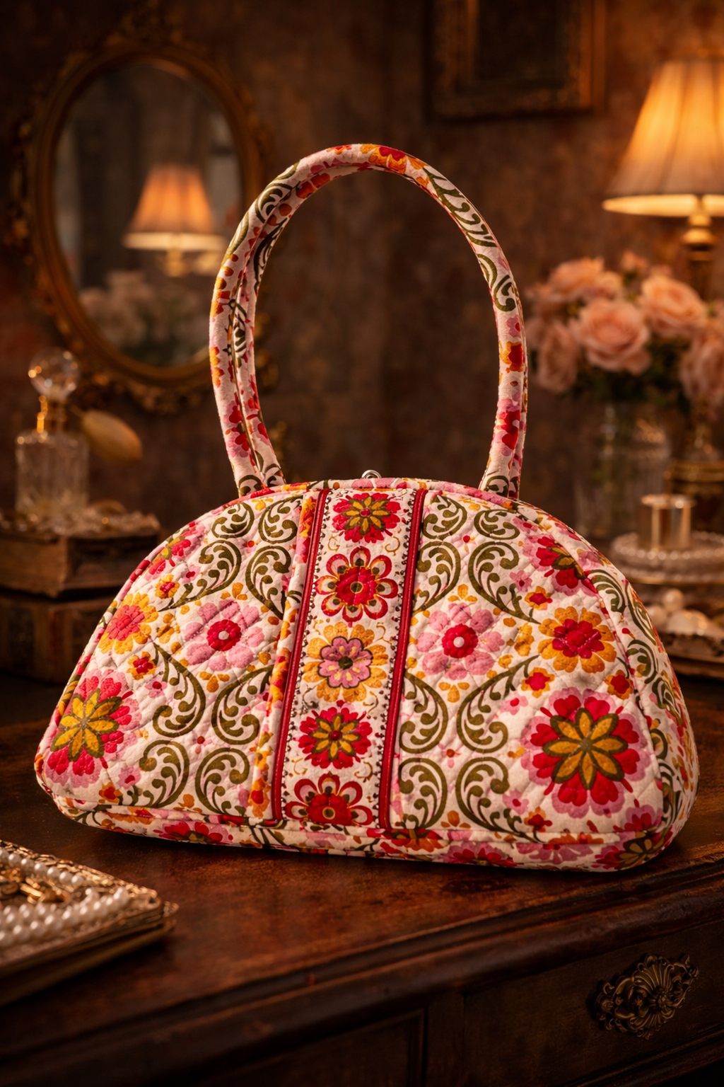 Pink floral quilted fabric top handle handbag with zip top