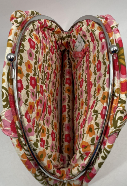 Pink floral quilted fabric top handle handbag with zip top, view 4