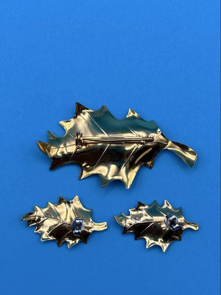 Green enamel holly leaf brooch and matching earrings with red rhinestone berries and gold-tone trim, view 2