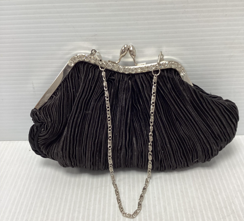 Black Pleated Evening Clutch with Silver Frame and Chain Strap Vintage Style