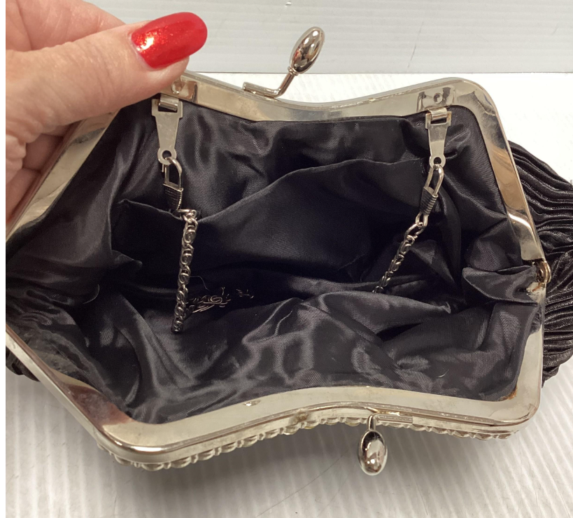 Black Pleated Evening Clutch with Silver Frame and Chain Strap Vintage Style