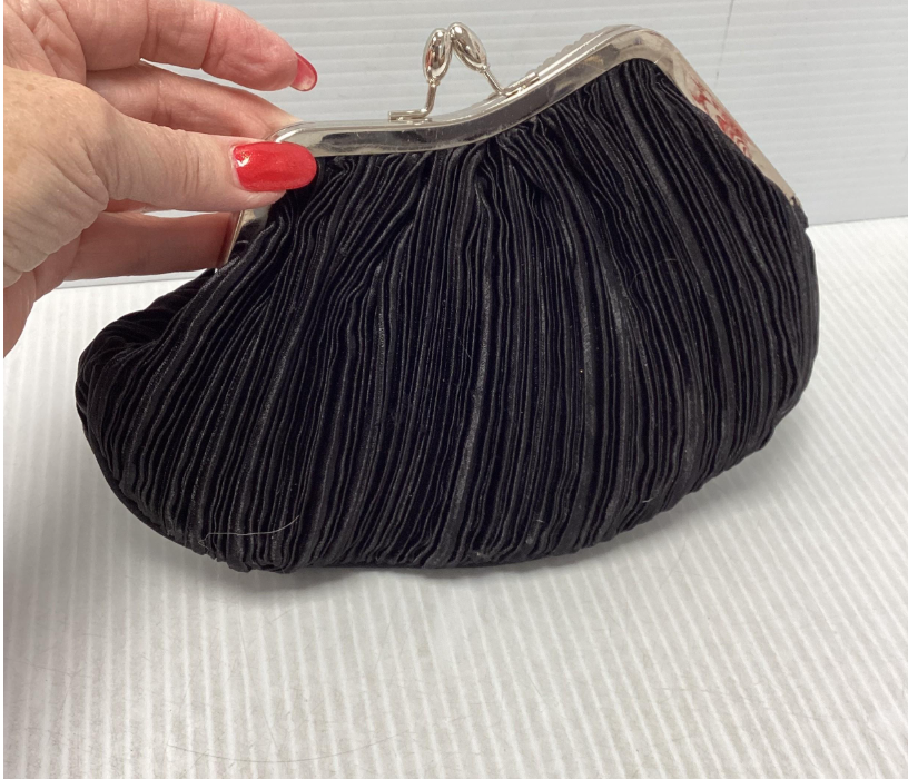 Black Pleated Evening Clutch with Silver Frame and Chain Strap Vintage Style