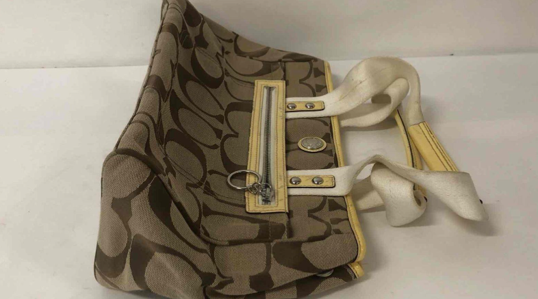 Coach Signature C khaki and brown canvas satchel with turnlock accent, view 6