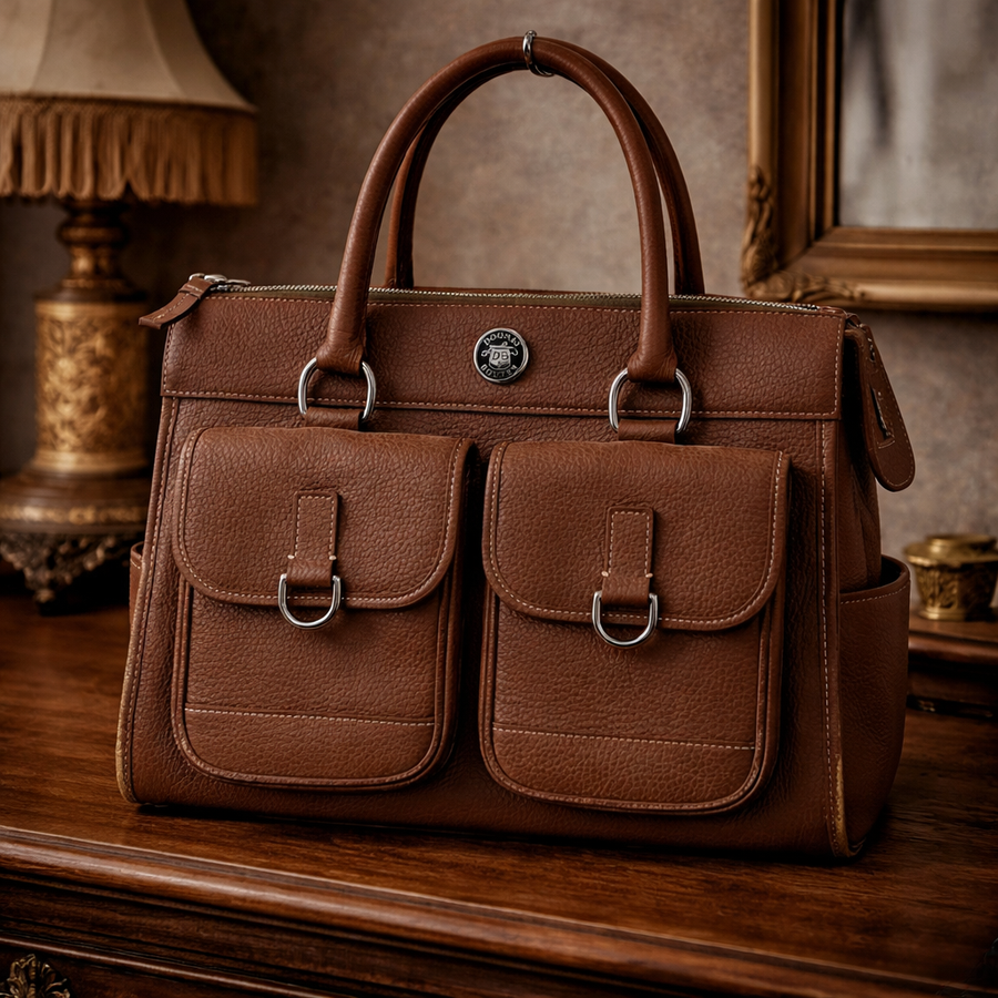 Dooney and Bourke brown pebbled All Weather Leather satchel with two front pockets and rolled handles