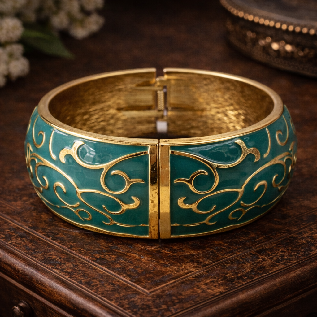 Gold-Tone Turquoise Enamel Hinged Bracelet