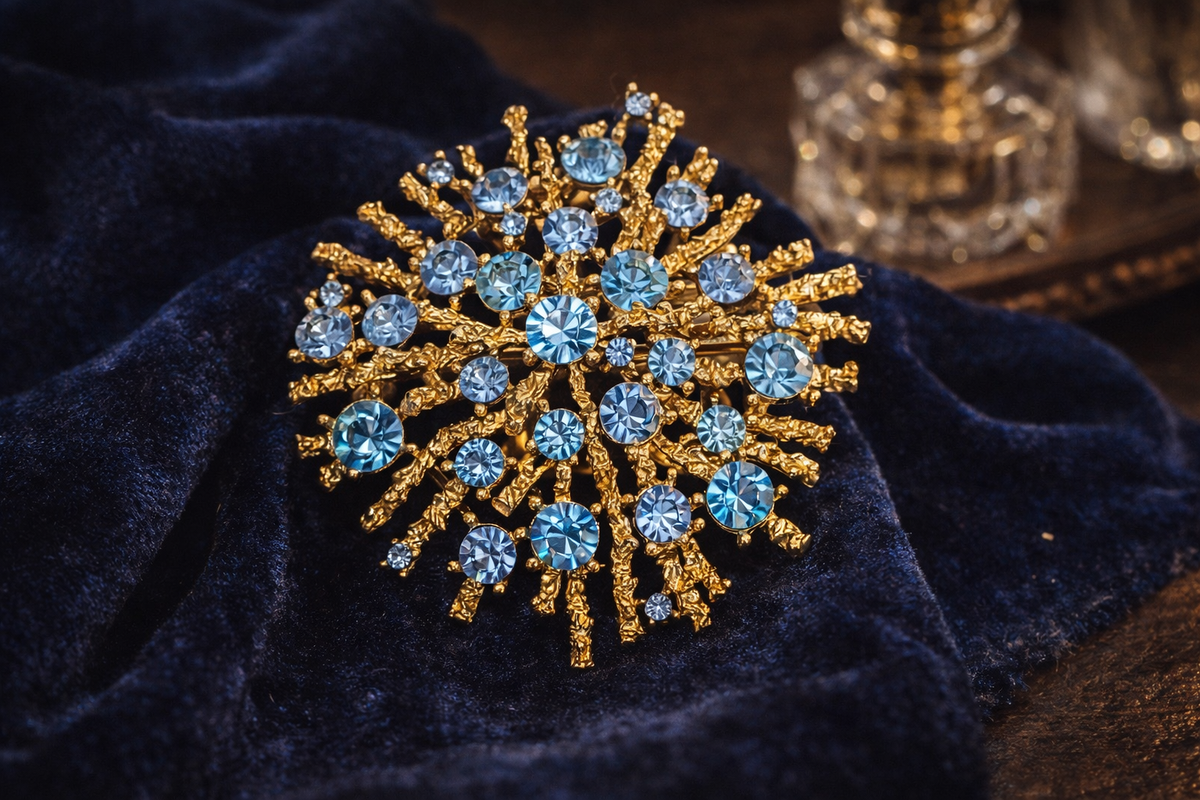 Signed Lisner gold-tone starburst brooch with blue rhinestones
