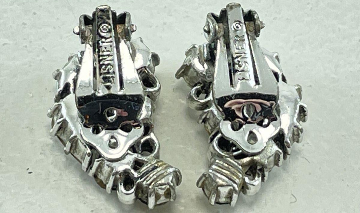 Signed Lisner silver-tone clip-on earrings with clear rhinestones, view 4