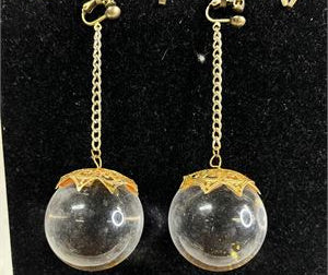 (SOLD) 1960s–1970s Gold Tone Clip-On Dangle Earrings with Large Clear Crystal Spheres