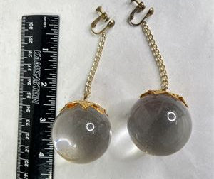 (SOLD) 1960s–1970s Gold Tone Clip-On Dangle Earrings with Large Clear Crystal Spheres
