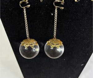 Vintage Style Gold Tone Clip-On Dangle Earrings with Large Clear Crystal Spheres