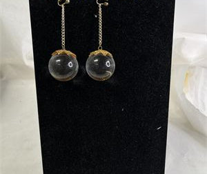 Vintage Style Gold Tone Clip-On Dangle Earrings with Large Clear Crystal Spheres