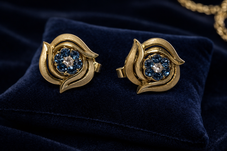 Signed Trifari brushed gold-tone flower clip-on earrings with blue rhinestone centers