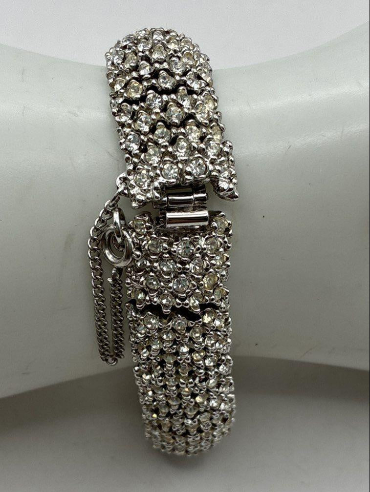 Vintage White Rhinestone Cluster Panel Link Bracelet | Silver Tone Statement Tennis Bracelet