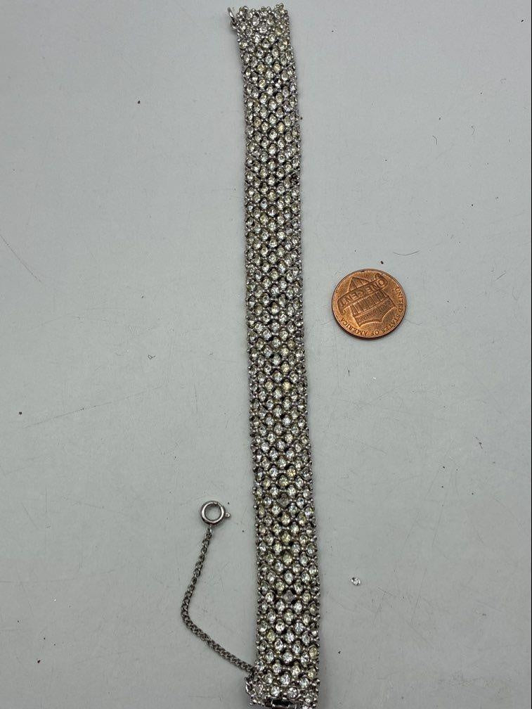 Wide silver-tone panel link bracelet with white rhinestone clusters, view 3