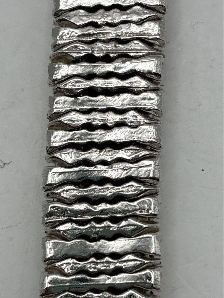 Wide silver-tone panel link bracelet with white rhinestone clusters, view 4
