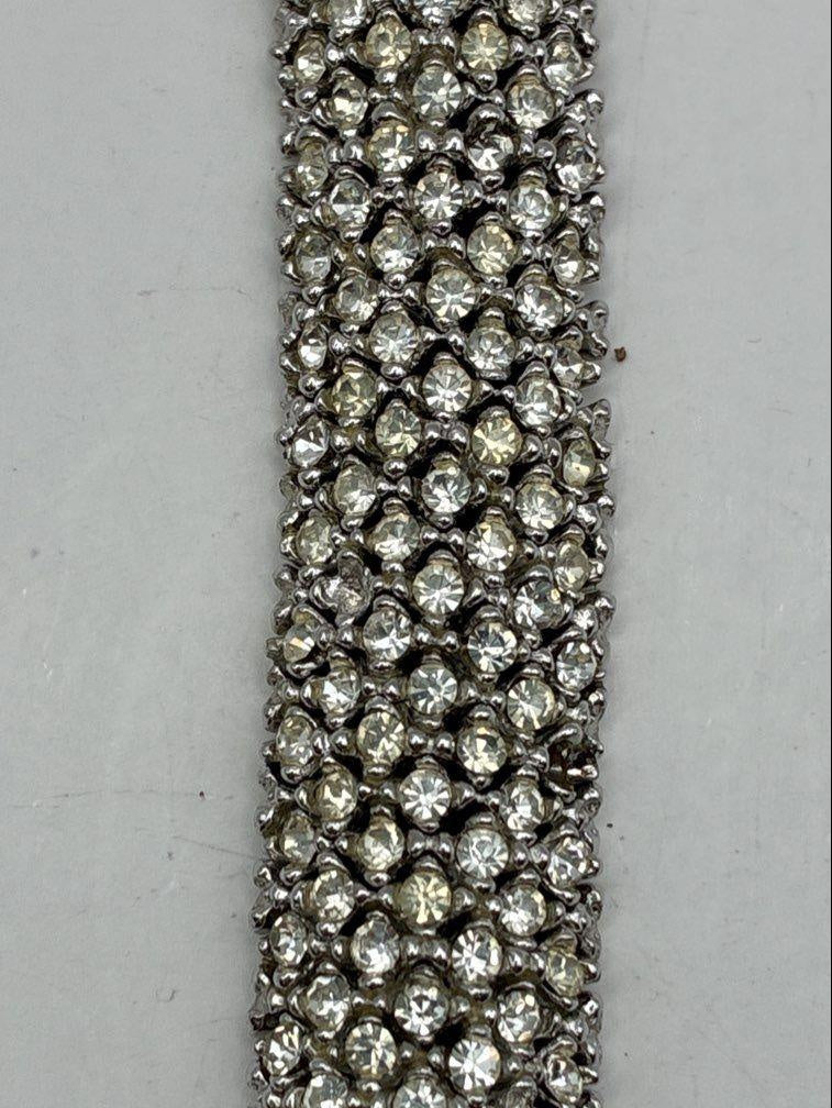 Wide silver-tone panel link bracelet with white rhinestone clusters, view 5