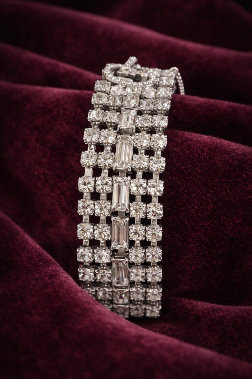 Signed Weiss wide silver-tone rhinestone bracelet with baguette and round stones