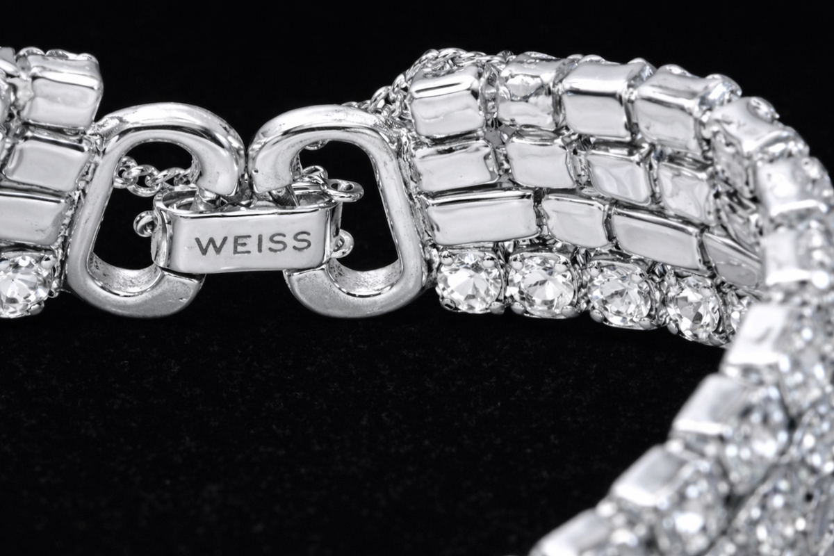 Signed Weiss wide silver-tone rhinestone bracelet with baguette and round stones, view 3