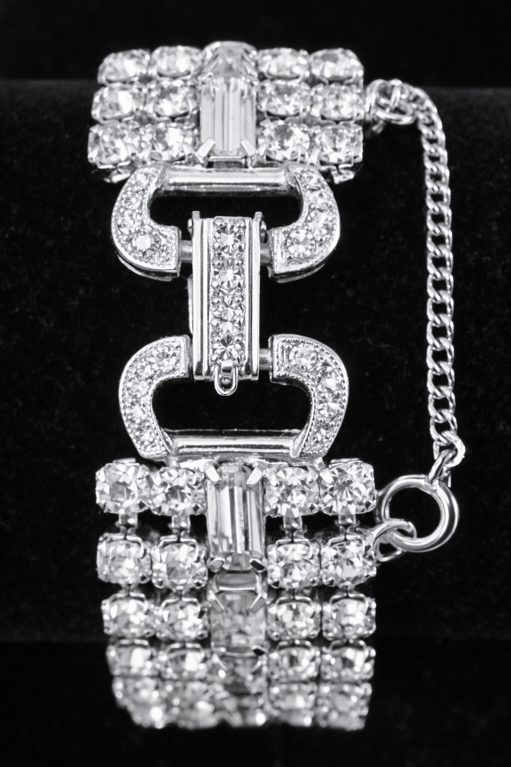 Signed Weiss wide silver-tone rhinestone bracelet with baguette and round stones, view 2