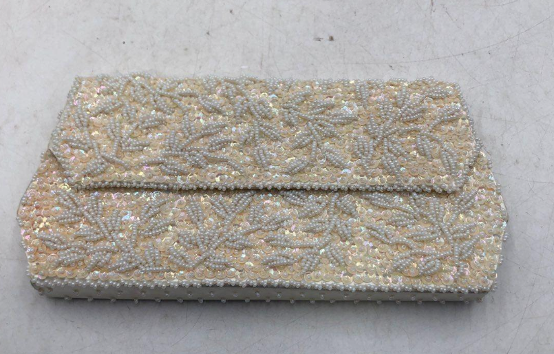 DuBarry white satin evening clutch with beaded and sequined floral flap, view 2