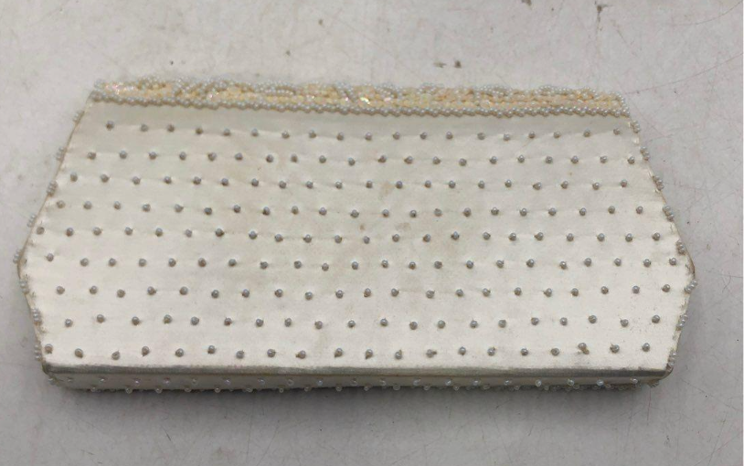 DuBarry Vintage White Satin and Beaded Clutch Hand Made Hong Kong Evening Purse